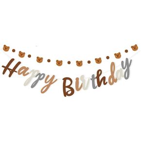 Bear Theme Happy Birthday Banner with Cute Bear Banner, Bday Party Pennant Decor, Wild One Woodland Bear First Birthday Party Supplies