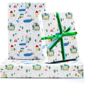Village Town Neighborhood City Homes Welcome Wrapping Paper, 6 Sheets Village Town Road Gift Wrap Paper with Ribbons, 20 x 30 inch Per Sheet for Friends Families Housewarming, Birthday, Baby Shower
