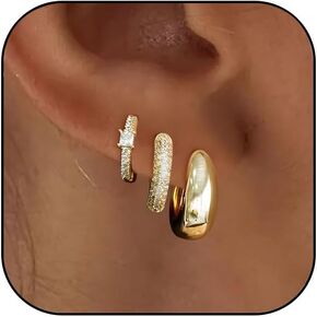 3 Pcs Gold Earrings for Women Danity Small CZ Hoop Earrings Tiny Lightweight Huggie Cuff Earrings Trendy Gold Chunky Earrings Jewelry for Women