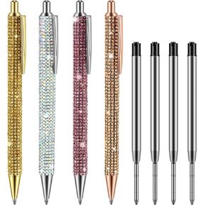 Ireer 4 Pcs Bling Rhinestone Sparkly Pens for Women Diamond Ink Crystal Glitter Metal Ballpoint Bedazzled Fancy Pens 4 Pcs 1.0mm Refills(Silver, AB Silver)