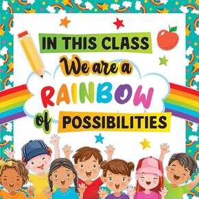 Decorably 64 Pcs Cutouts Rainbow Bulletin Board Decorations Set with Borders, Rainbow Theme Classroom Decor - School, Homeschool