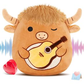 Glow Guards 12'' Heartbeat Scottish Highland Cow Plush Pillow - Cute Recordable Stuffed Animal Recorder Toy, Highland Cow Birthday Gift for Boys & Girls, Brown