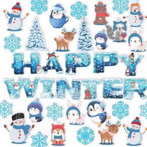 60Pcs Winter Bulletin Board Decoration - Large Christmas Snowman Classroom Decor Set Snowflake Penguin Cutouts with Glue, 30 Designs for Kids Students School Preschool Classroom Xmas Party