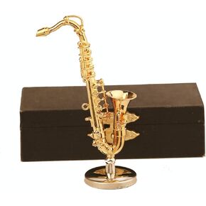 Miniature Saxophone with Stand and Case Brass Mini Musical Instrument Replica Collectible Figurines Dollhouse Accessories Model Home Decorations Ornaments (Tenor Saxophone, 3.16"x1.69"x0.63")