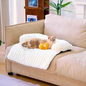 Fuzzy Pet Couch Covers for Sofa, 37" L × 33" W × 6" H Calming Dog Bed Fluffy Plush Dog Mat for Furniture Protector with Bolster for Large Medium Small Dogs and Cats, Large, Dark Grey