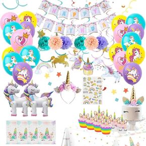 Unicorn Birthday Decorations, Unicorn Birthday Party Decorations, Magical Party Supplies, Banner, Balloons - Tablecover, Cake Toppers, Cupcake Toppers & Unicorn Happy Birthday Decorations