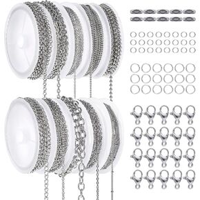 10 Rolls Silver Necklace Chains for Jewelry Making, 81.9 Feet Stainless Steel Jewelry Chains Silver Chain Roll for Making Jewelry DIY Necklace Bracelet with Jump Rings/Lobster Clasps/Connectors