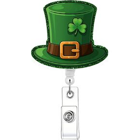 St Patrick's Day Badge Reel, Glitter Clover Hat ID Badge Holder with Clip, Retractable Badge Reel with Swivel Alligator Clip, Funny Name Badge Holder for Nurse Doctor Teacher Student Employee