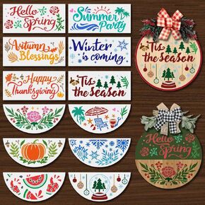 MAYJOYDIY 12Pcs Four Season Welcome Stencils for Painting on Wood Half Round Stencils 12inch Free Combination Style Spring Summer Autumn Winter Stencil for Front Door Home Decor with Paint Brush