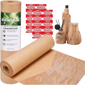 Neworld Honeycomb Packing Paper,15" x 131' Eco Friendly Bubble Cushioning Wrap for Moving,Products & Gifts Wrapping Paper,Recyclable Cushioning Packing Material With 20 Fragile Sticker Labels