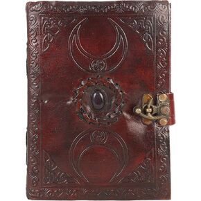 TUZECH Handmade Crescent Office Home Daily Use, Poem Writing Beautiful Pure Leather Stone Leather Bound Journal Moon with Brown Stone, C-Lock for Men and Women