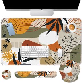 Britimes Keyboard Mouse Pad Set 4in1 Large Mousepad+Keyboard Wrist Rest+Mouse Wrist Rest+Coaster Set with Ergonomic Design for Home Office Computer 35.4x15.7Inches(Bohemian Plants)