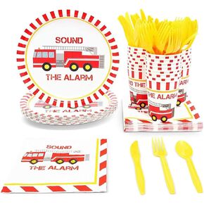 BLUE PANDA 144 Pieces Firefighter Party Decorations, Disposable Dinnerware Set with Firetruck Paper Plates, Red Truck Napkins, Cups, Cutlery (Serves 24)
