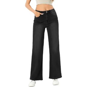 Womens Wide Leg Jeans High Elastic Waisted Stretch Straight Drawstring Boyfriend Baggy Trouser Jeans