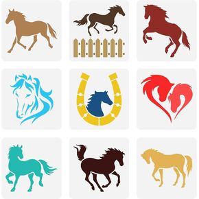 FINGERINSPIRE 9 Pcs Horses Stencil 5.9x5.9inch Reusable Horse Farm Running Horse Painting Template DIY Horse Head Drawing Stencil Animal Steed Decoration Stencil for Painting on Wall Wood Furniture