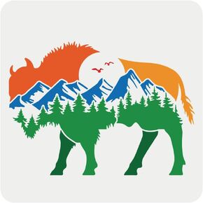 FINGERINSPIRE Buffalo and Nature Stencil for Painting 11.8x11.8 inch Reusable Bird Mountain Pattern Painting Stencil Plastic Craft Stencil for Painting on Wall Wood Furniture DIY Home Decoration