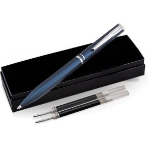 Pentel Energel Style Pen With 2 Refills - 0.7mm - Twist Action Refillable Rollerball Gel Pen - With Luxury Velvet-Lined Gift Box - Navy Barrel