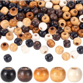 260pcs Large Hole Wooden Beads for Crafts, 9×10mm Round Natural Wood Hair Beads, Retro Wooden Spacer Bead for Necklaces Bracelets Earrings Keychains Garland DIY Craft- 5 Colors