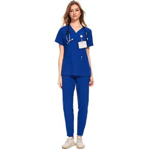 Medical Scrubs for Women Set - Curved V-Neck Scrub Top & Jogger Pants with 8 Pockets