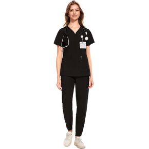 Medical Scrubs for Women Set - Curved V-Neck Scrub Top & Jogger Pants with 8 Pockets
