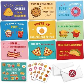 Valentines Day Cards for Kids School, 36 Pack, 4.7 x 3.2 Inches, 9 Assorted Food Designs with Envelopes & Cartoon Stickers, Valentines Day Cards for Kids Classroom Bulk, Ideal for Boys & Girls Classroom Exchanges, V-Day Parties