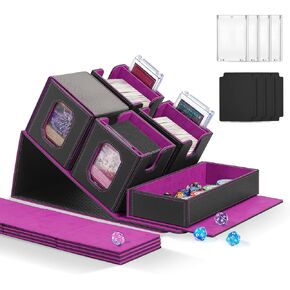 Trading Card Storage Box with Commander Display for MTG, TCG, Sports Cards, 5-in-1 Card Deck Box, Holds 450+ Double-Sleeved Cards, 4 Individual Deck Cases with Covers, Dice Tray & Magnetic Holders