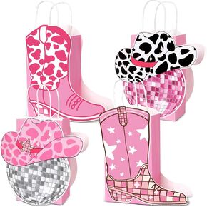 12PCS Disco Cowgirl Birthday Party Favors Bags Bachelorette Party Decors Western Party Treat Bags for 80s 90s Cowgirl Boots Paper Goodie Bags Hot Pink Gift Bags Bulk Last Rodeo Party Supplies
