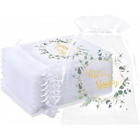 Windyun 200 Pcs Love Is Sweet Organza Bags for Wedding Treat 4 x 6 Inch Wedding Favor Bags Candy Gift Bags Bulk Small Sheer Eucalyptus Leave Jewelry Bags with Drawstring for Baby Shower Supply