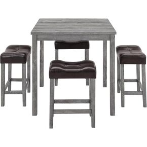 5-Piece, Modern Upholstered, Bar Table and Chairs Set for 4 for Living Dining Game Room Home Office Brown+Light Gray As Shown