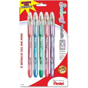 Pentel Sunburst Metallic Gel Pen, Medium Line, Permanent, Assorted Ink, 5 Pack (K908MBP5M)