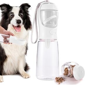 2-in-1 Dog Water Bottle and Dog Treat Container, Travel Water Bottle, Leak Proof Dog Water Bottle Portable,Travel Puppy Essentials, Dog Gifts (550ml/19Oz) (Pink)