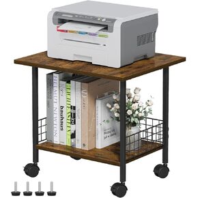 Under Desk Printer Stand, Large Mobile Printer Table with Storage, 2-Tier Rolling Printer Cart with Wheels Shelf and Steel Frame for Home, Office (Brown)