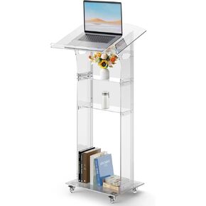 Acrylic Podium Stand 3 Layers, 47.8 Inches Clear Podium with Lockable Wheels, Rolling Podium Mobile Laptop Lecterns & Podiums Portable Pulpits for Churches, Classroom, Wedding, Presentation