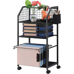 3 Tier Rolling File Cart with Hanging File Folders,Desk Organizer,File Organizer for Desk,Mobile File Cabinet on Lockable Wheels,Under Desk Storage for Home Office School(Metal,Brown