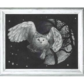 PANNA - Counted Cross Stitch Kit - White Owl - J-0359 - 14 Count - Aida Black - 10.63 x 14.17 inch - DIY kit