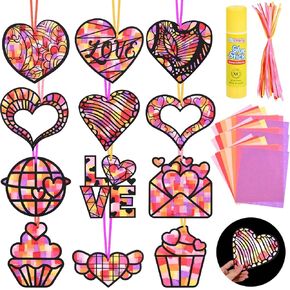 Sanixin 36Pcs Valentine's Day Suncatcher Paper Craft Kit DIY Heart Shaped Stained Glasses Effect Paper for Window Art Craft Supplies for Classroom Activity for Valentine's Day Party Favors