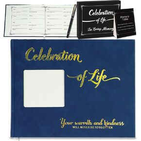 3 in 1 Leather Funeral Guest Book - Celebration of Life Guest Book for Memorial Service, 9x7 Inches Blue Memorial Book for Funeral Service to Sign in, 1 Black Pen| Memory Table Sign| 1 Guest Book