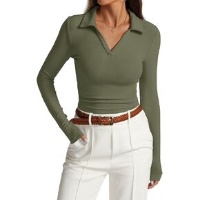 Womens Long Sleeve Polo Shirts Collared V Neck Slim Fitted Casual Basic Ruched Tops T Shirts 2024 Fall Trendy