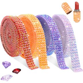 Fulztey 4 Rolls Rhinestone Ribbon Roll ، AB White AB Crystal Rhinestone Ribbon Sticker مع 2 مم من الراين للحرف اليدوية DIY ، بلينغ جيلي للاصطدام الراين لاصق للسيارات الزفاف