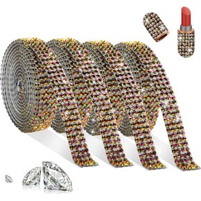 FULZTEY 4 Rolls Rhinestone Ribbon Roll,White AB Crystal Rhinestone Ribbon Sticker with 2 mm Rhinestone for DIY Crafts,Bling Jelly Self Adhesive Rhinestone Strips for Car Clothes Wedding Decoration