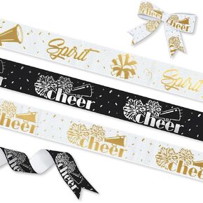 YKW 3 Pack Cheerleader Spirit Ribbon Set - 7/8 Inch x 5 Yards Each, Cheer Pom Pom Grosgrain Ribbon, Gold & Silver Foil Design for Gift Wrapping, School Team Sports Events Decoration