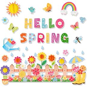 Konsait Spring Bulletin Board Decorations, 59Pcs Raindrop Flower Hello Spring Bulletin Board Decorations Set, Spring Cutouts for Classroom Office Home Wall Blackboard Door Decorations