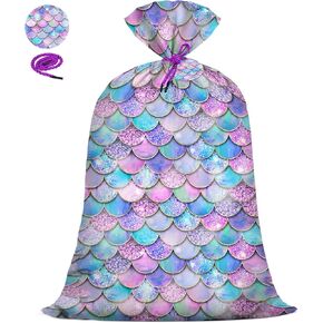 KIDAJOY 1 Pcs Extra Large Plastic Gift Bags Mermaid Rainbow 56"x 36" Jumbo Gift Bags for Baby Girls Mermaid Themed Birthday Party Favors Supplies