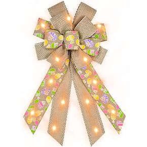 Hying Large LED Easter Bows for Wreath, Easter Eggs Wreath Bows with LED Light Natural Burlap Ribbon Bow LED Holiday Spring Tree Topper Bows for Front Door Easter Party Decorations Supplies