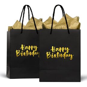 DDLP 2pcs Happy Birthday Gift Bags for Men Birthday Gift Bag with Tissue Papers Black and Gold Gift Bags with Handle for Men Women