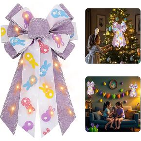 Hying Large LED Easter Bows for Wreath, Easter Eggs Wreath Bows with LED Light Natural Burlap Ribbon Bow LED Holiday Spring Tree Topper Bows for Front Door Easter Party Decorations Supplies