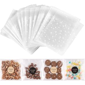 100PACK Self Adhesive Cookie Bags Cellophane Treat Bags Thank You Candy Bags for Gift Giving with Stickers(White Polka Dot, 5.5x5.5 INCH)