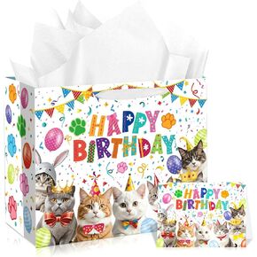 Cat Birthday Gift Bag Christmas Cat Birthday Decorations Pet Birthday Supplies with Cat Wrapping Paper and Greeting Card Meow Birthday Party Decorations for Kids Baby Shower Birthday Decorations Party Supplies