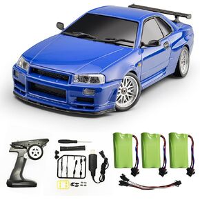 Skymaker RC Drift Car LDR/C LD1899 1/18 GTR R34 2.4GHz RWD Drifting with Gyroscope On-Road Alloy Car-Shell Racing Cars with 3 Batteries (Blue)