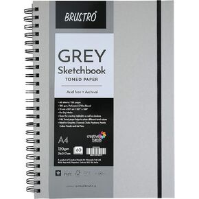 BRUSTRO Toned Paper - Grey Sketchbook | A4, 120 GSM | 60 Sheets/120 Pages | Wiro Bound, Spiral, Premium, Acid-free Paper, Ideal for Dry media, Mandala Art, Graphite, Charcoal, Colour pencils, Gel pens